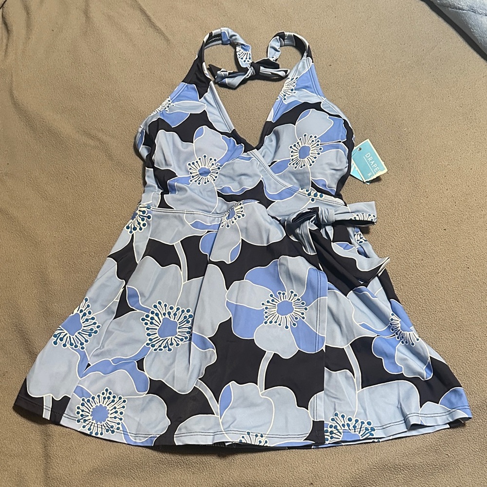 Floral Halter Dress in Blue and Black- 1 piece swimsuit.